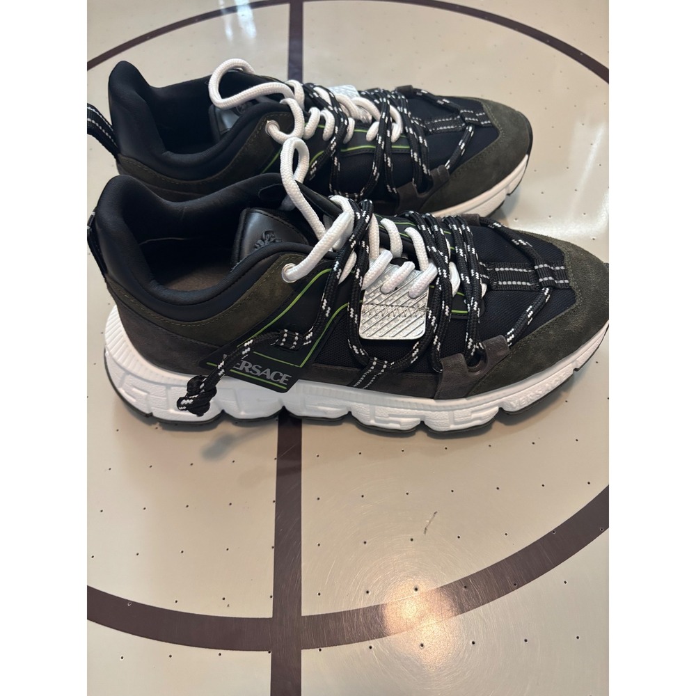 Versace Trigreca Sneakers Black Olive Green Medusa Greca Low Top Trainers